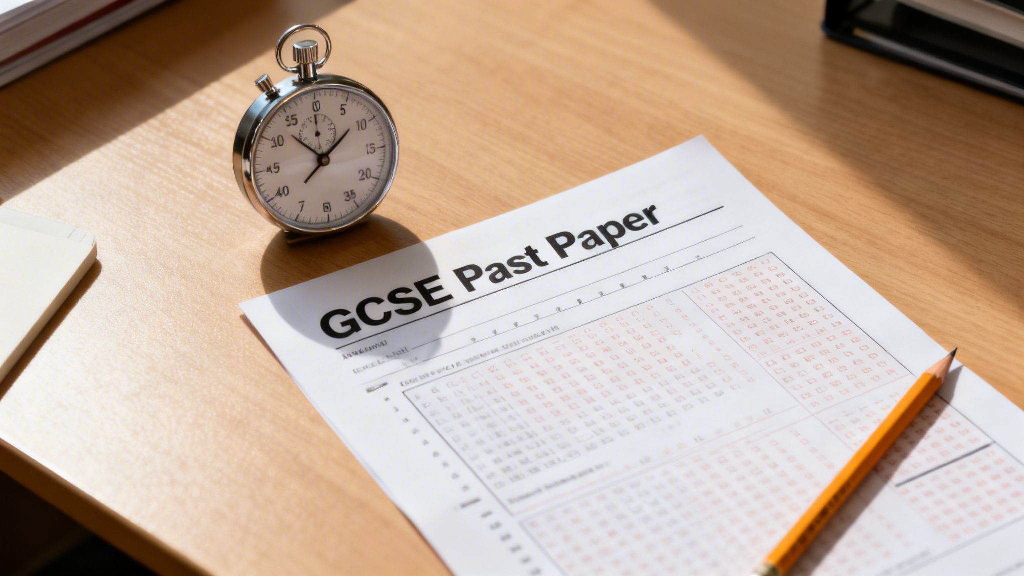 A GCSE Past Paper, stopwatch, and pencil on a wooden desk, representing exam preparation.