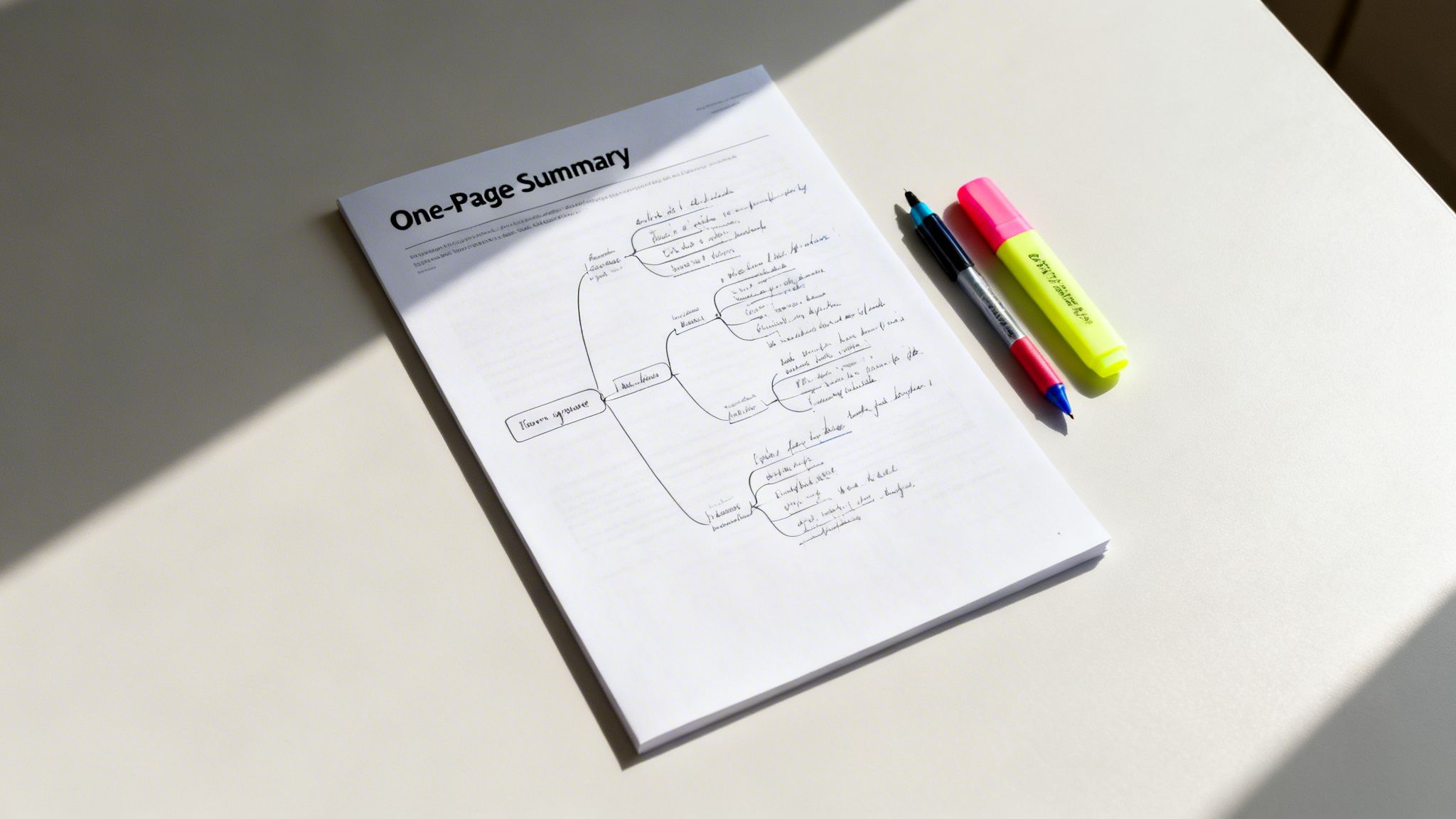 A document titled "One-Page Summary" featuring a handwritten mind map, a blue pen, and a yellow highlighter on a desk.