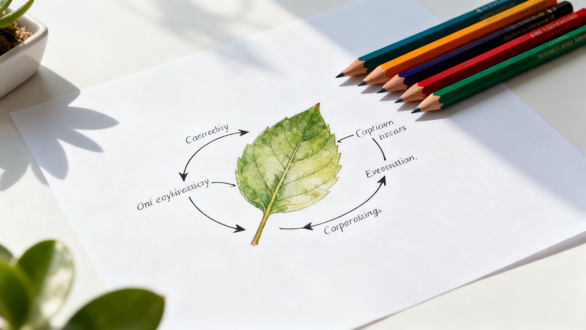 A watercolor drawing of a green leaf with a surrounding cycle diagram, accompanied by colored pencils.