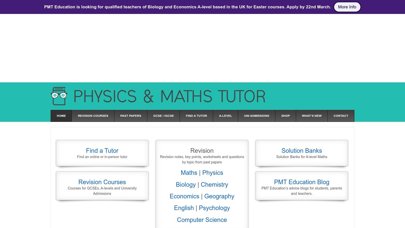 A screenshot of the Physics & Maths Tutor website showing its navigation menu for different subjects.