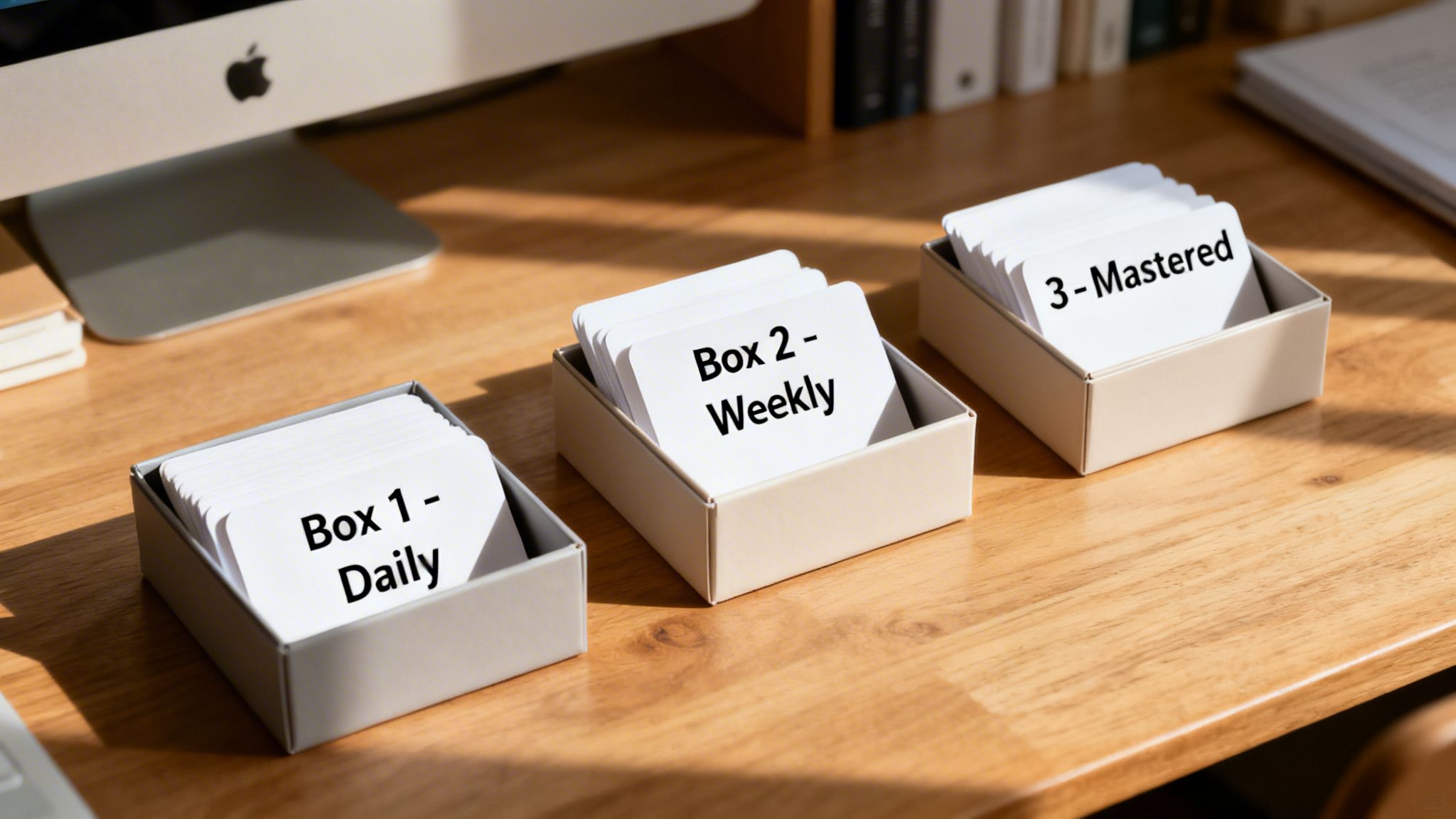 Three boxes with flashcards labeled Daily, Weekly, and Mastered on a wooden desk.