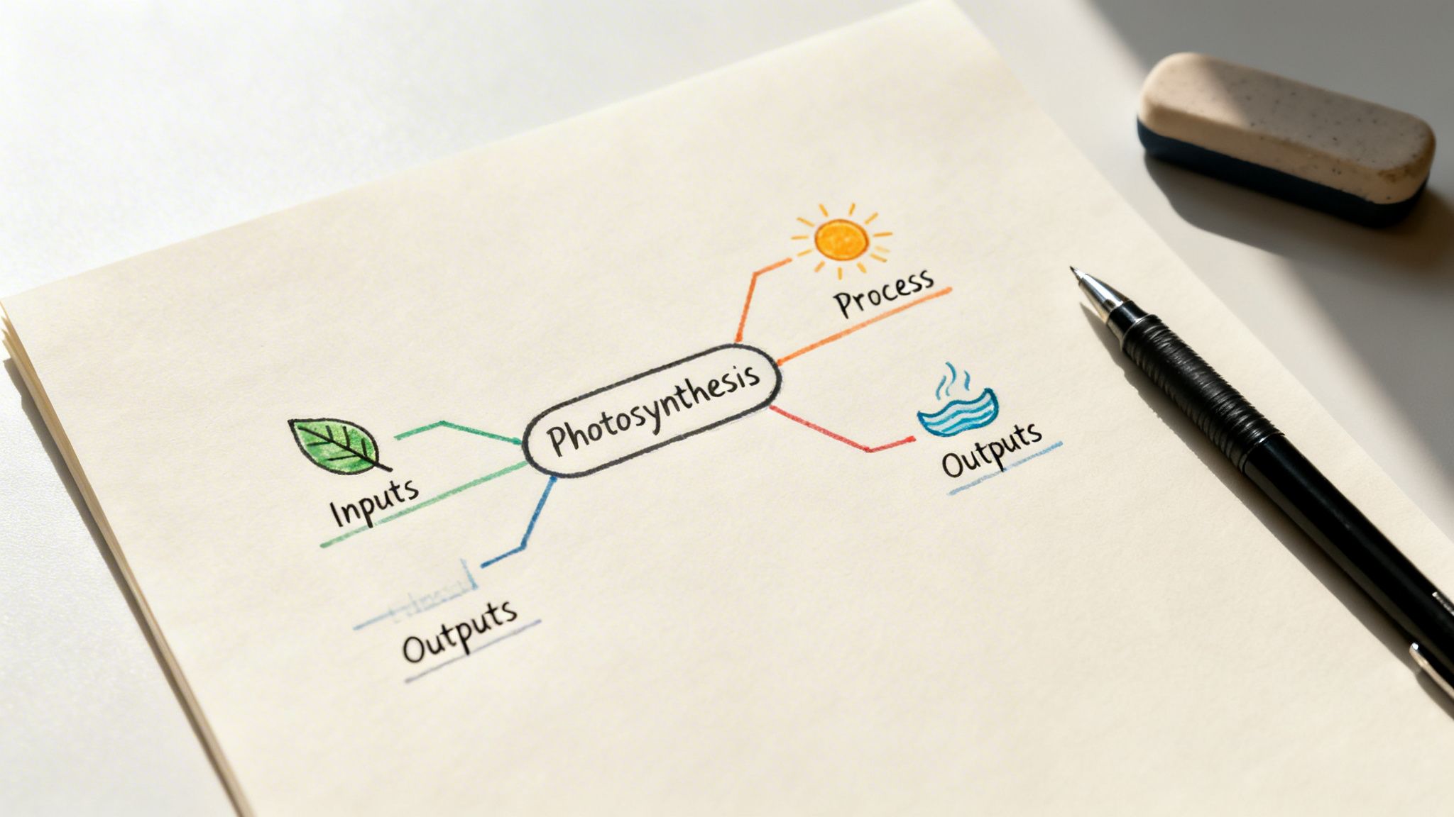 A hand-drawn mind map about photosynthesis with inputs, process, and outputs, alongside a pen and eraser.
