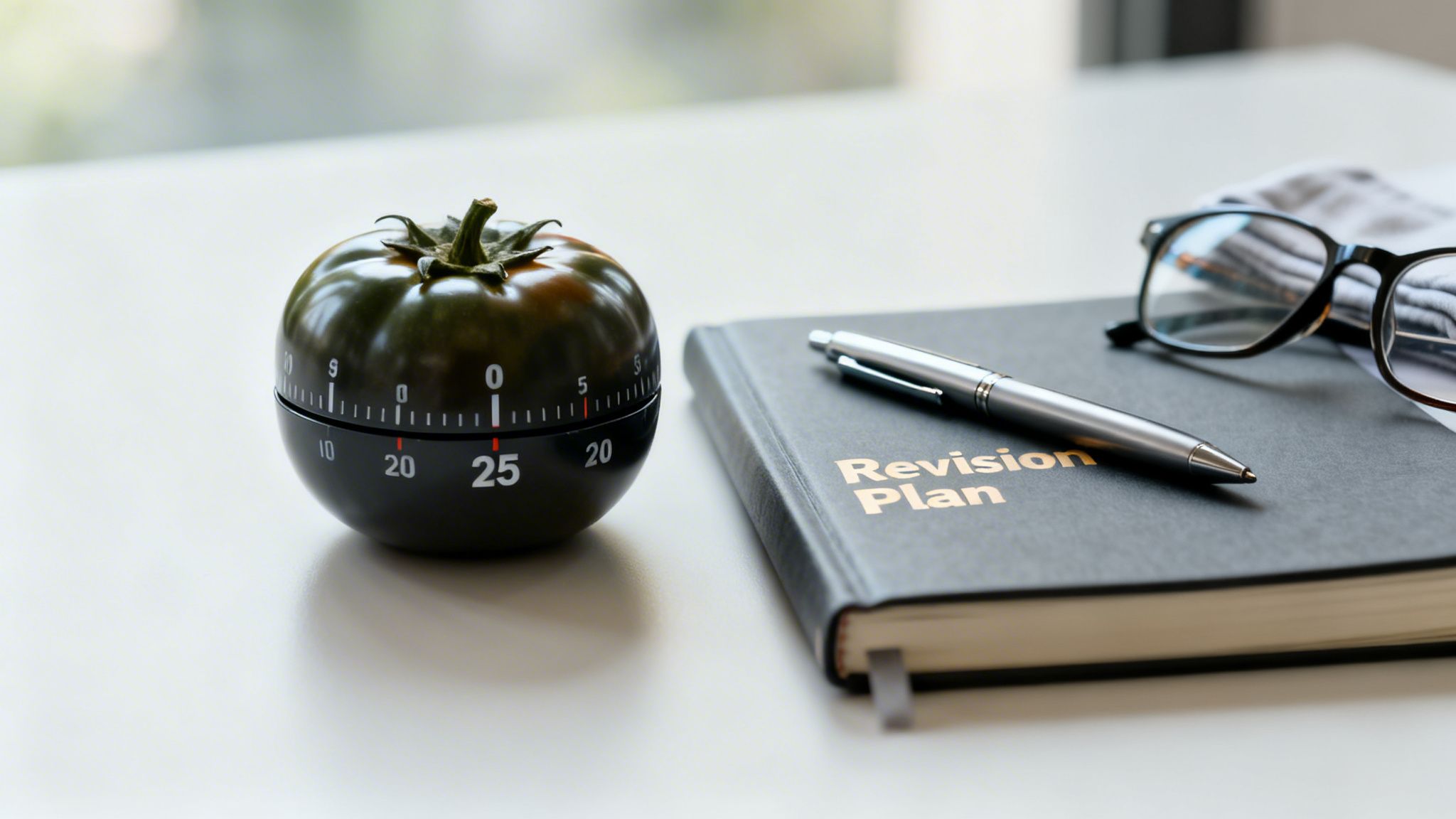 A black tomato-shaped Pomodoro timer set to 25 minutes next to a 'Revision Plan' notebook, pen, and glasses.