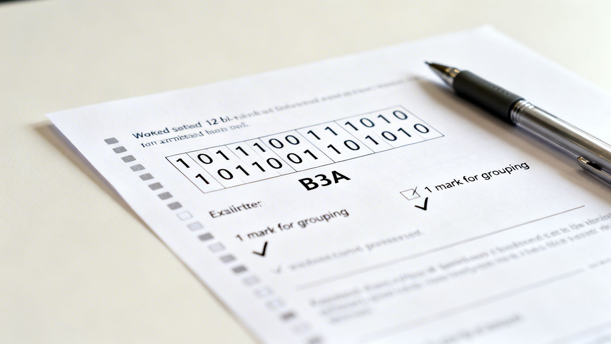 A close-up of a paper showing binary numbers, hexadecimal 'B3A', a checkmark, and a pen.
