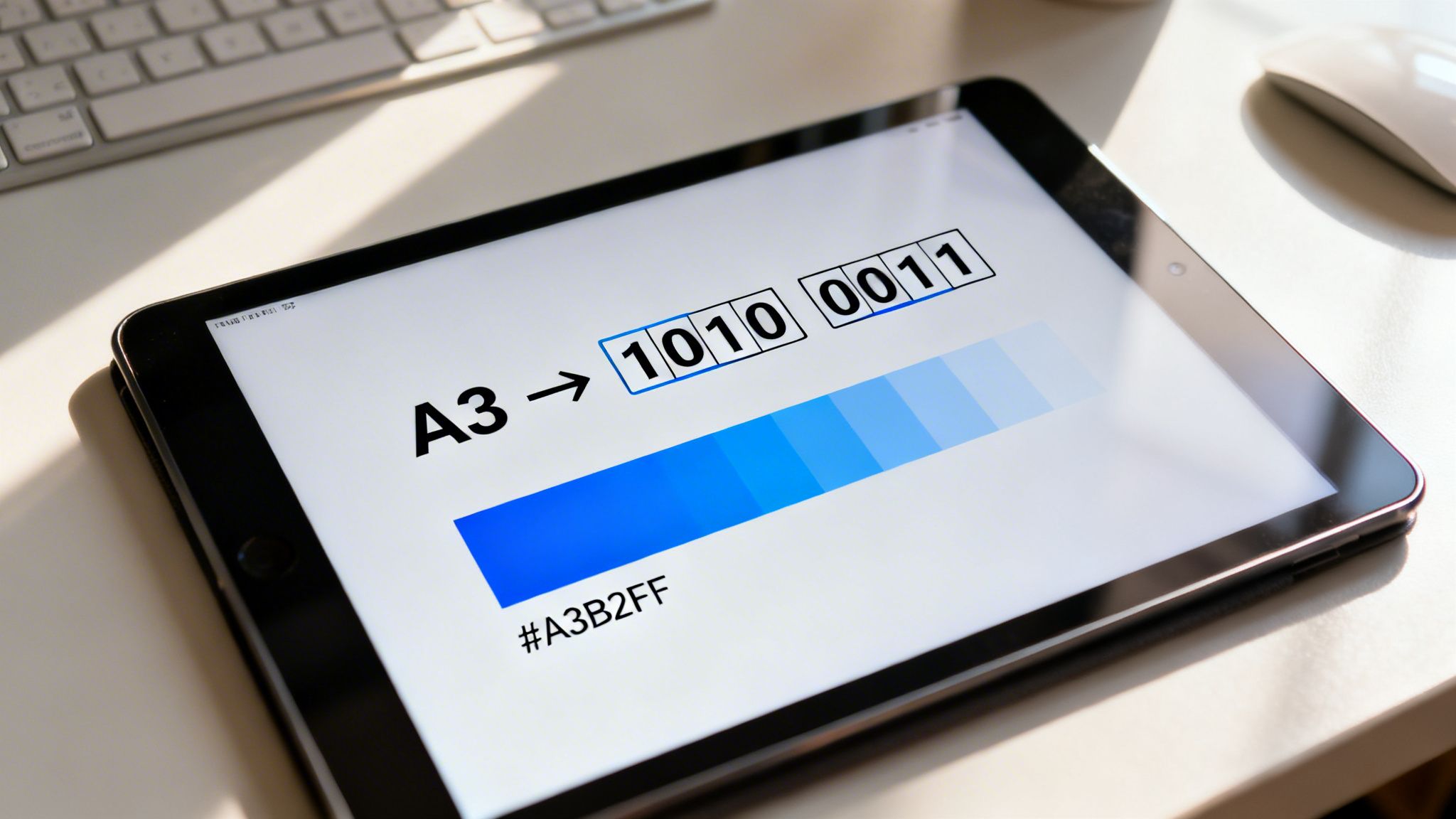 Digital tablet screen displaying hexadecimal to binary conversion for color representation with a blue gradient.