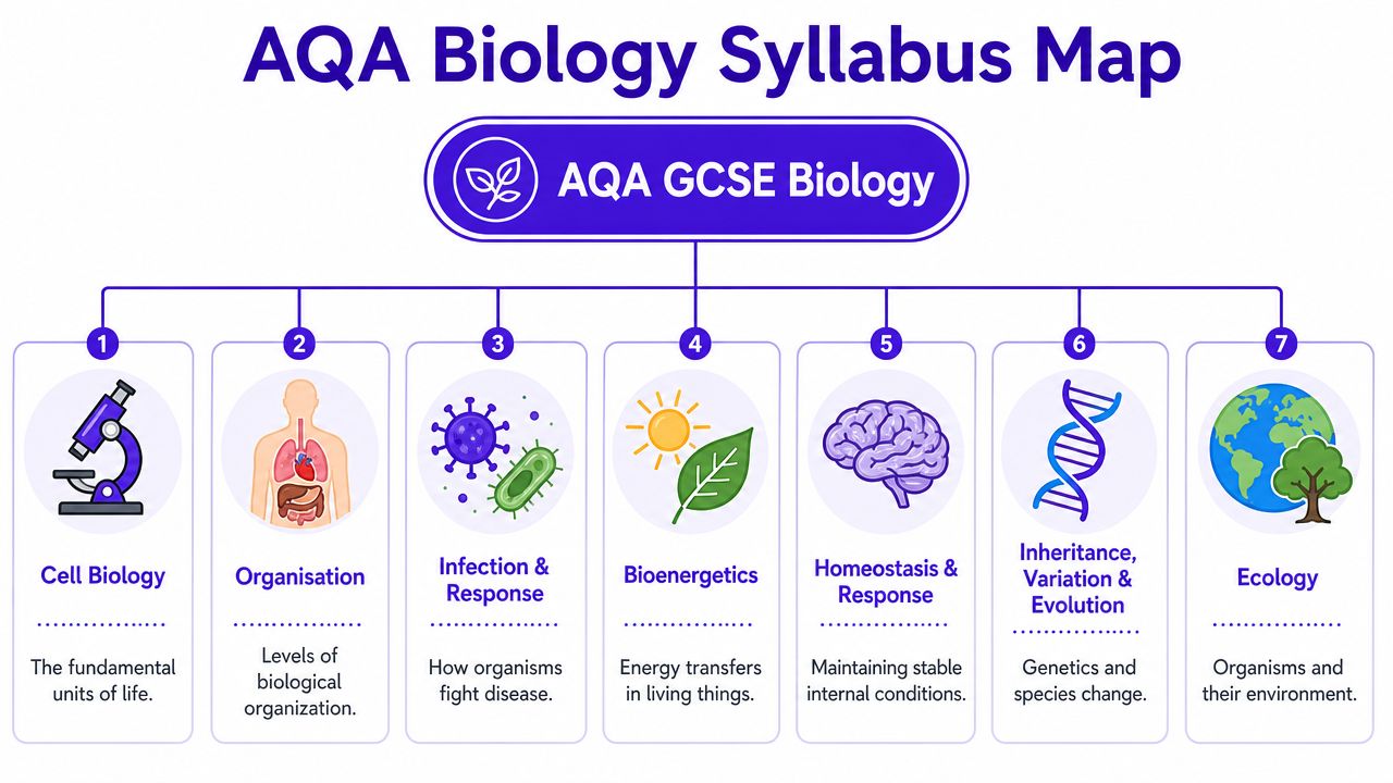 A visual diagram outlining the seven key topic areas for the AQA GCSE Biology curriculum syllabus.