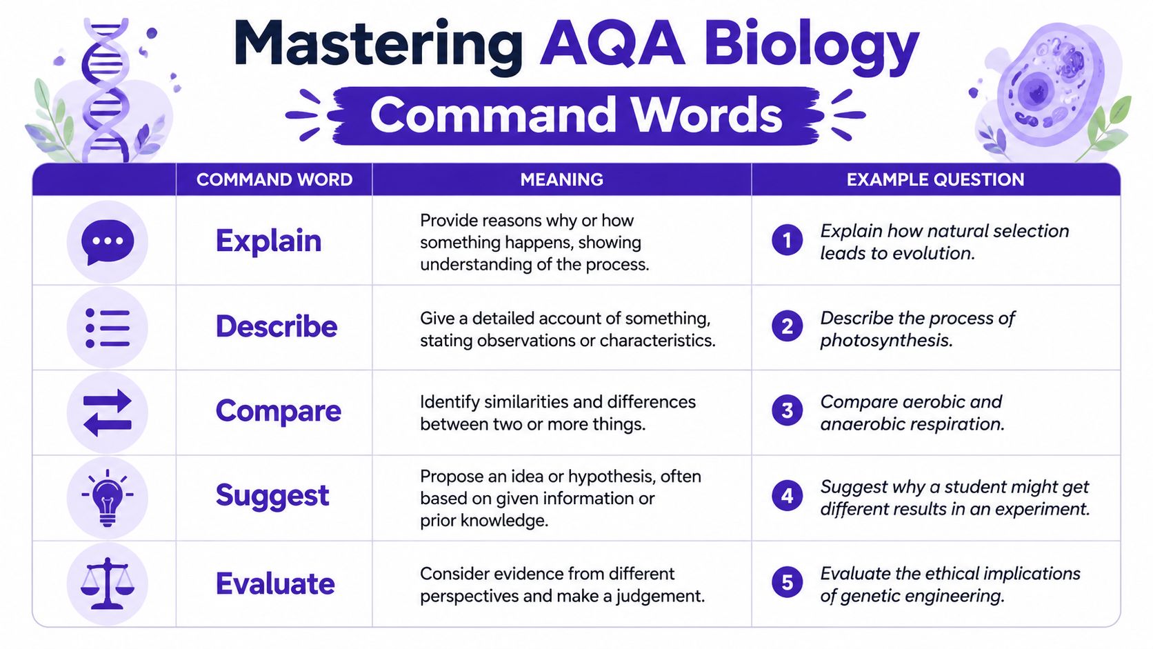 A chart explaining common AQA Biology command words with their definitions and example questions for students.