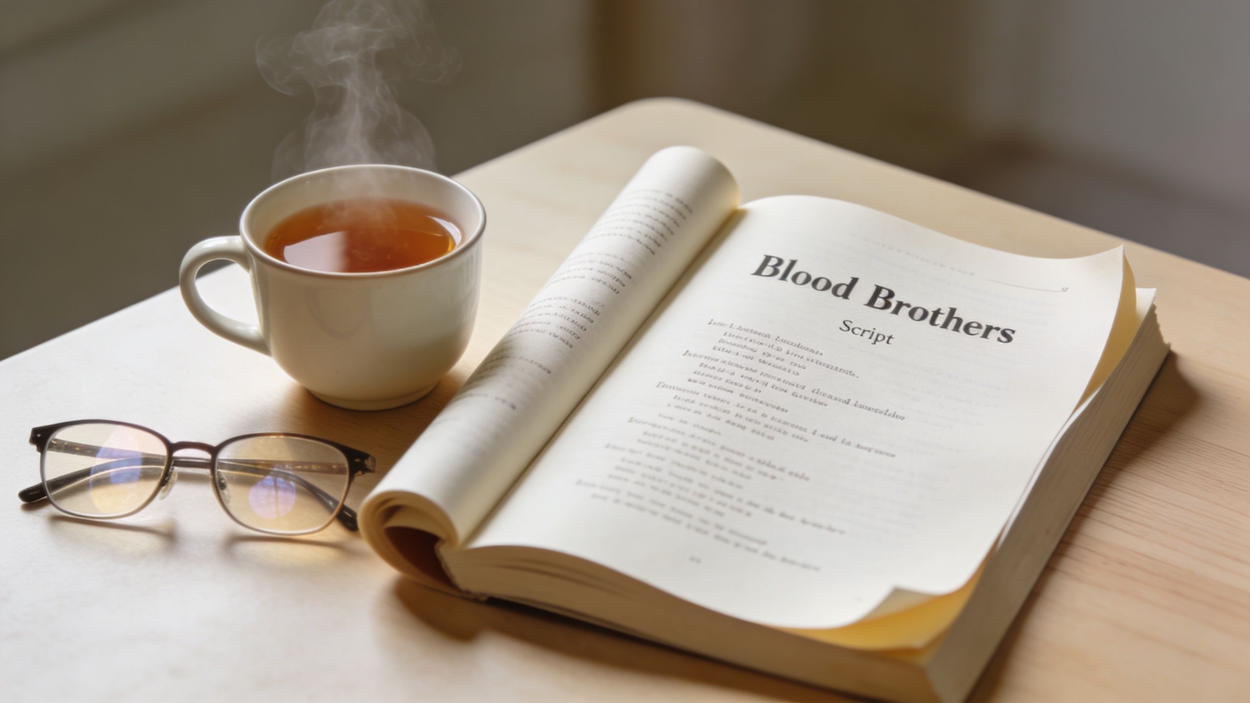 An open copy of the Blood Brothers script, a steaming cup of tea, and reading glasses.