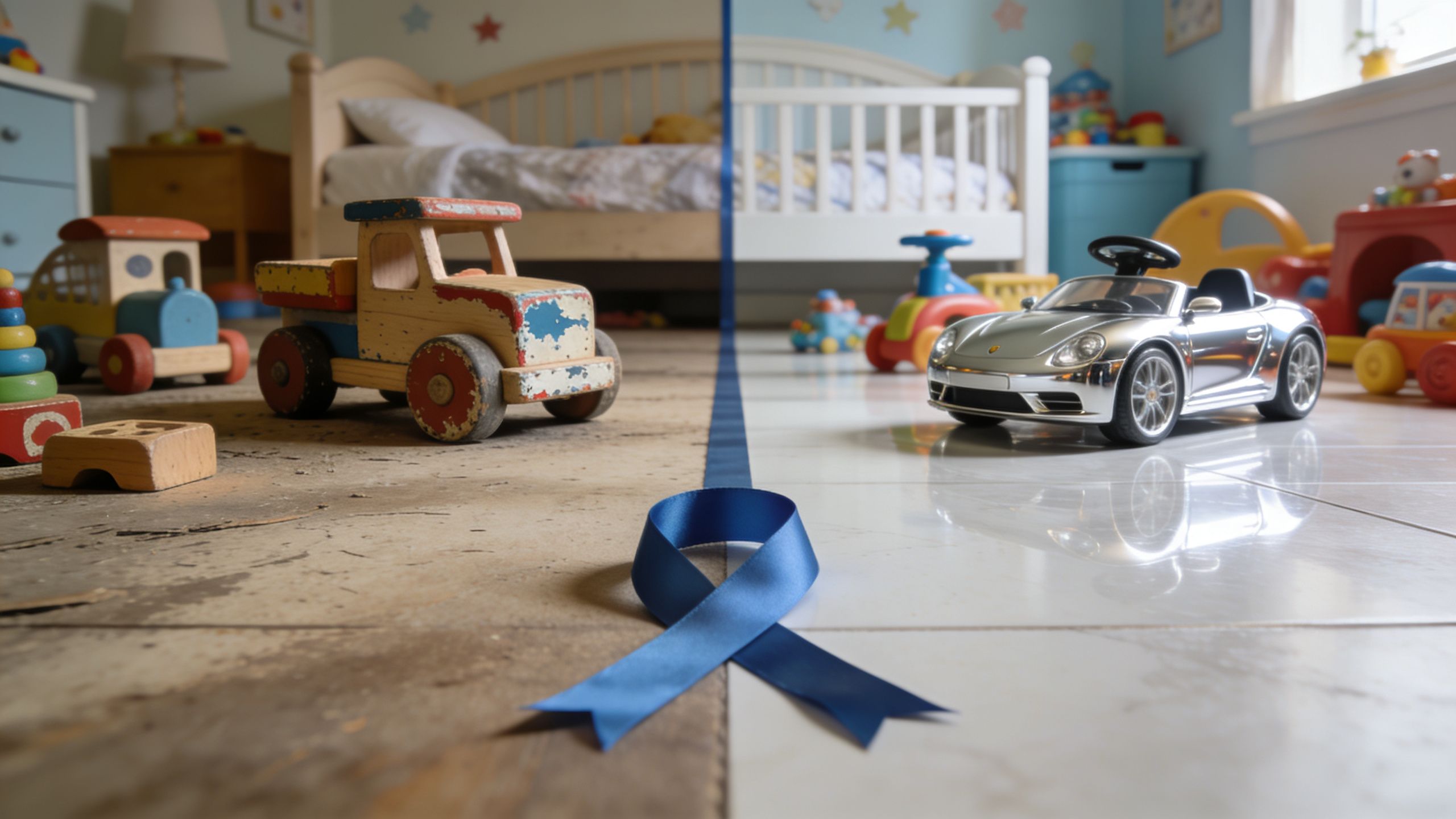 A symbolic representation of contrast with two halves of a room divided by a blue ribbon.