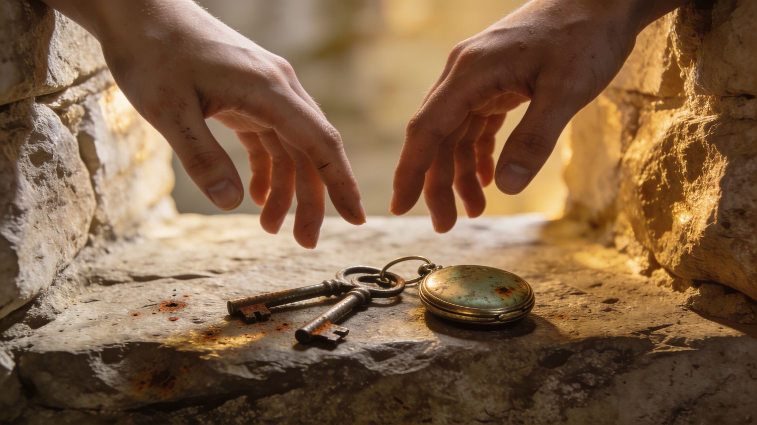 Two hands reaching towards a pair of rusted keys and a pocket watch on a stone ledge.