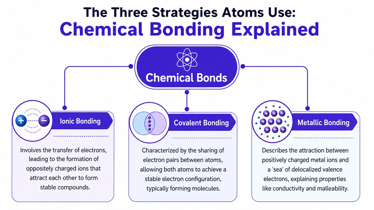 An educational infographic explaining the three main types of chemical bonding: ionic, covalent, and metallic.