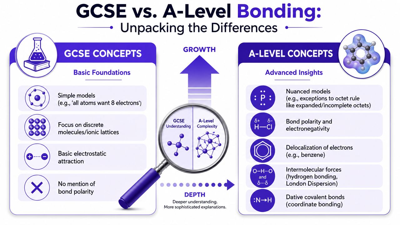 A comparison infographic showing the difference in complexity between GCSE and A-Level chemical bonding concepts.