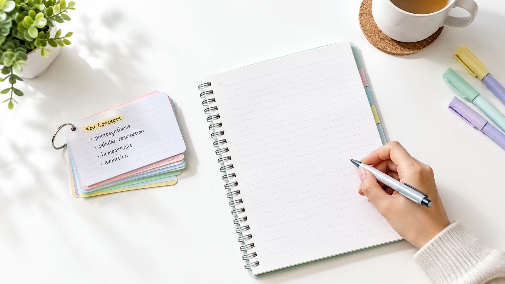 A person writing in a notebook next to a set of study flashcards featuring biological key concepts.