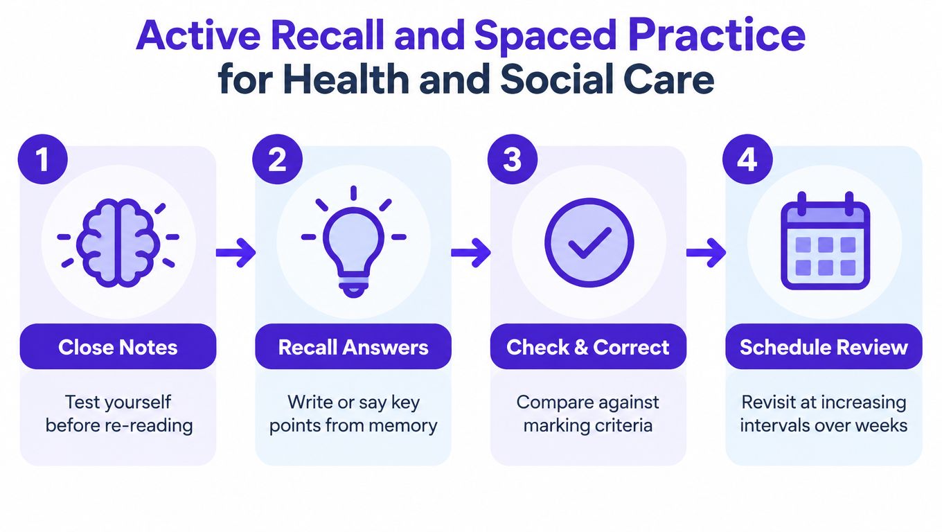 A four-step infographic illustrating a study technique called active recall and spaced practice for health and social care.
