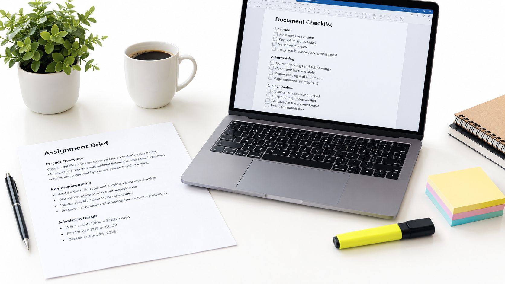 A clean desk setup featuring a laptop with a document checklist, assignment brief, plant, and stationery.