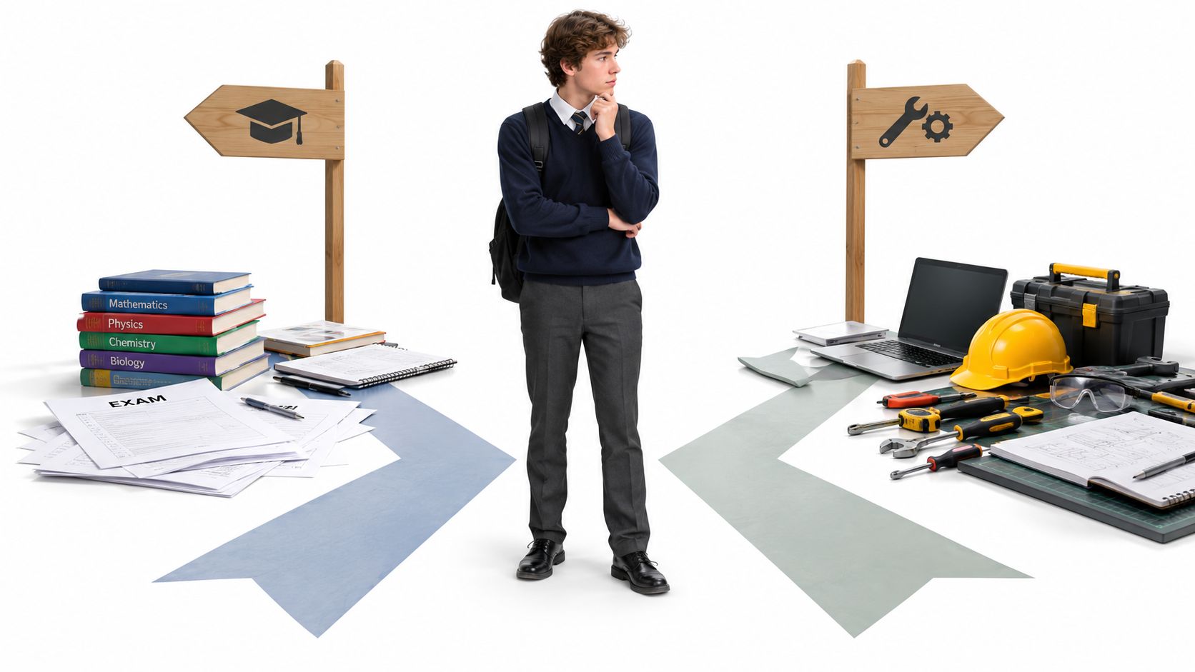 A student standing at a crossroads, choosing between academic studies with textbooks or vocational training with tools.