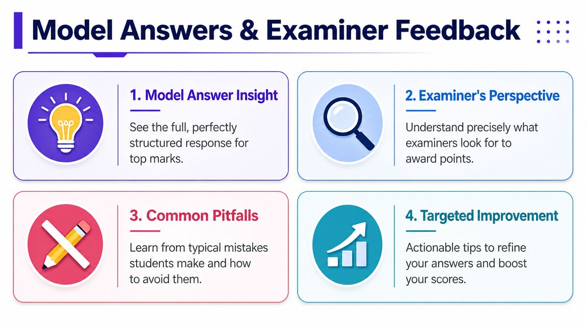 A four-point educational graphic detailing model answers and examiner feedback for student assessment preparation.
