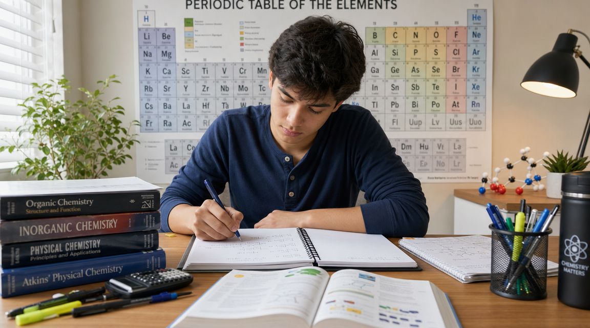 A focused young student sitting at a desk studying chemistry with textbooks and a periodic table.