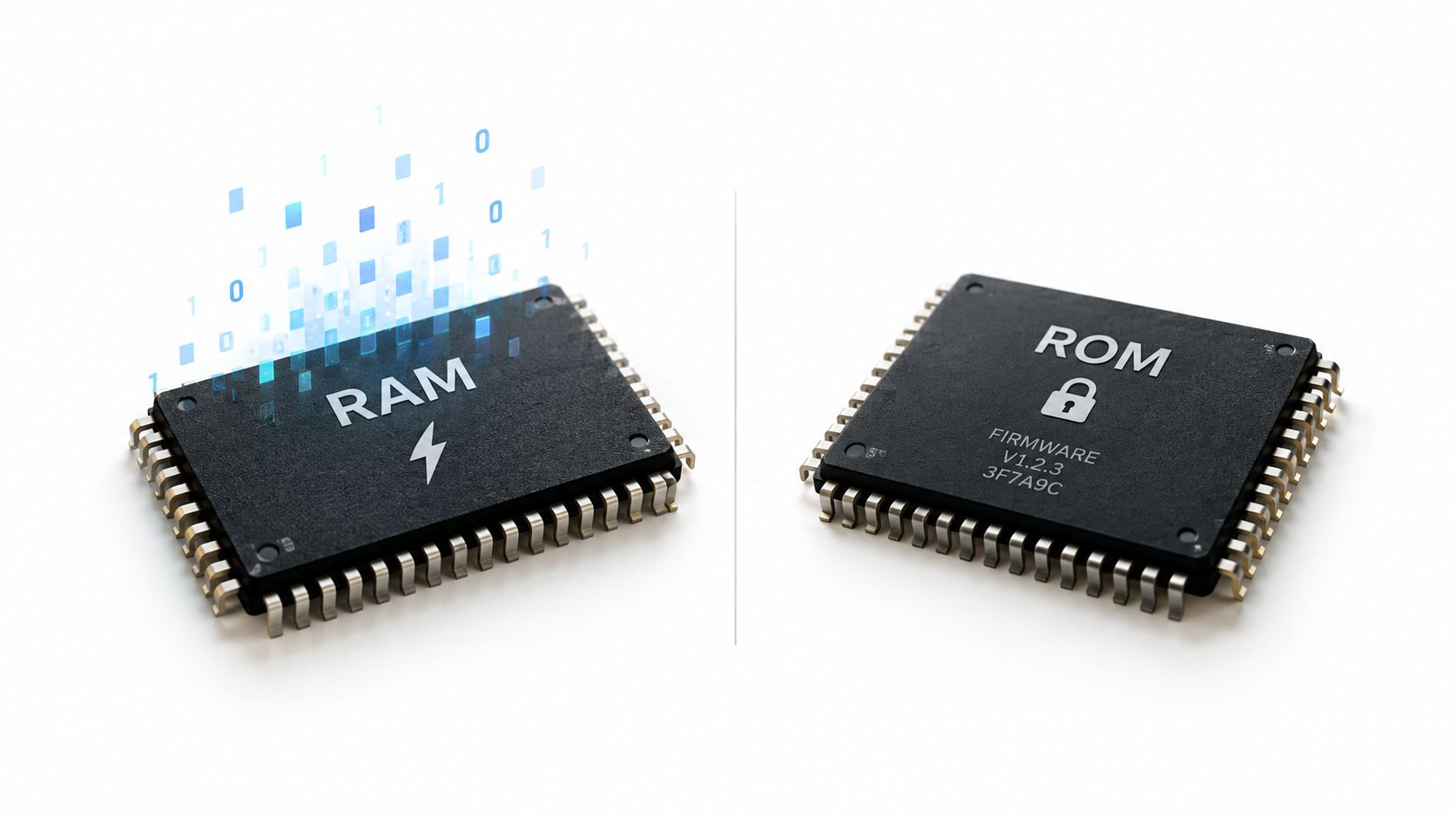 Two computer chips labeled RAM and ROM represented as icons against a plain white background.