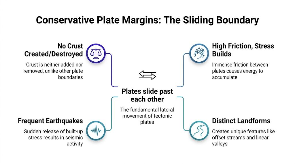 An infographic showing the characteristics of conservative plate margins, where tectonic plates slide past each other.