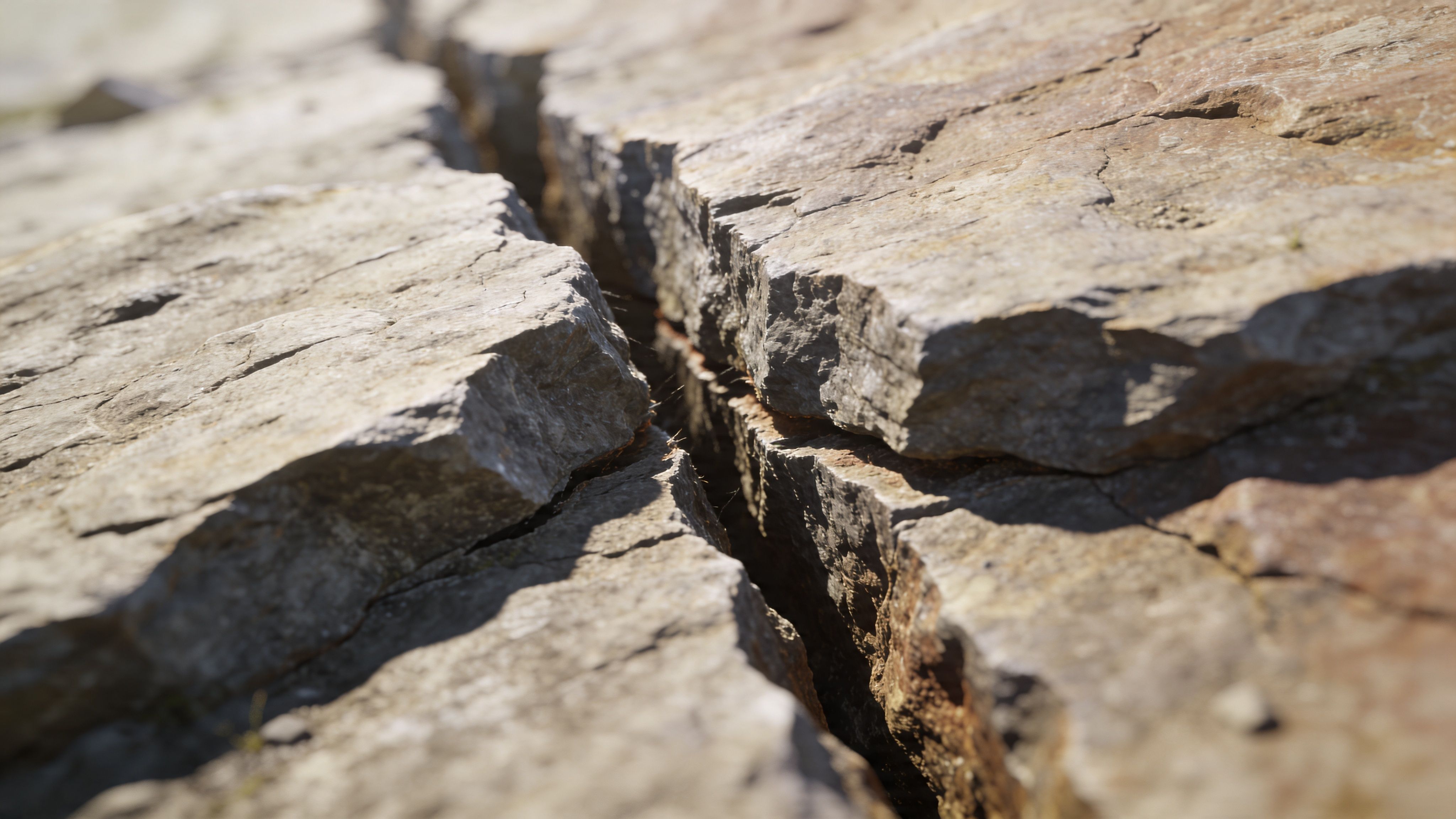 A close-up view of a deep, natural fissure in solid limestone rock, illustrating a cracked tectonic landscape.