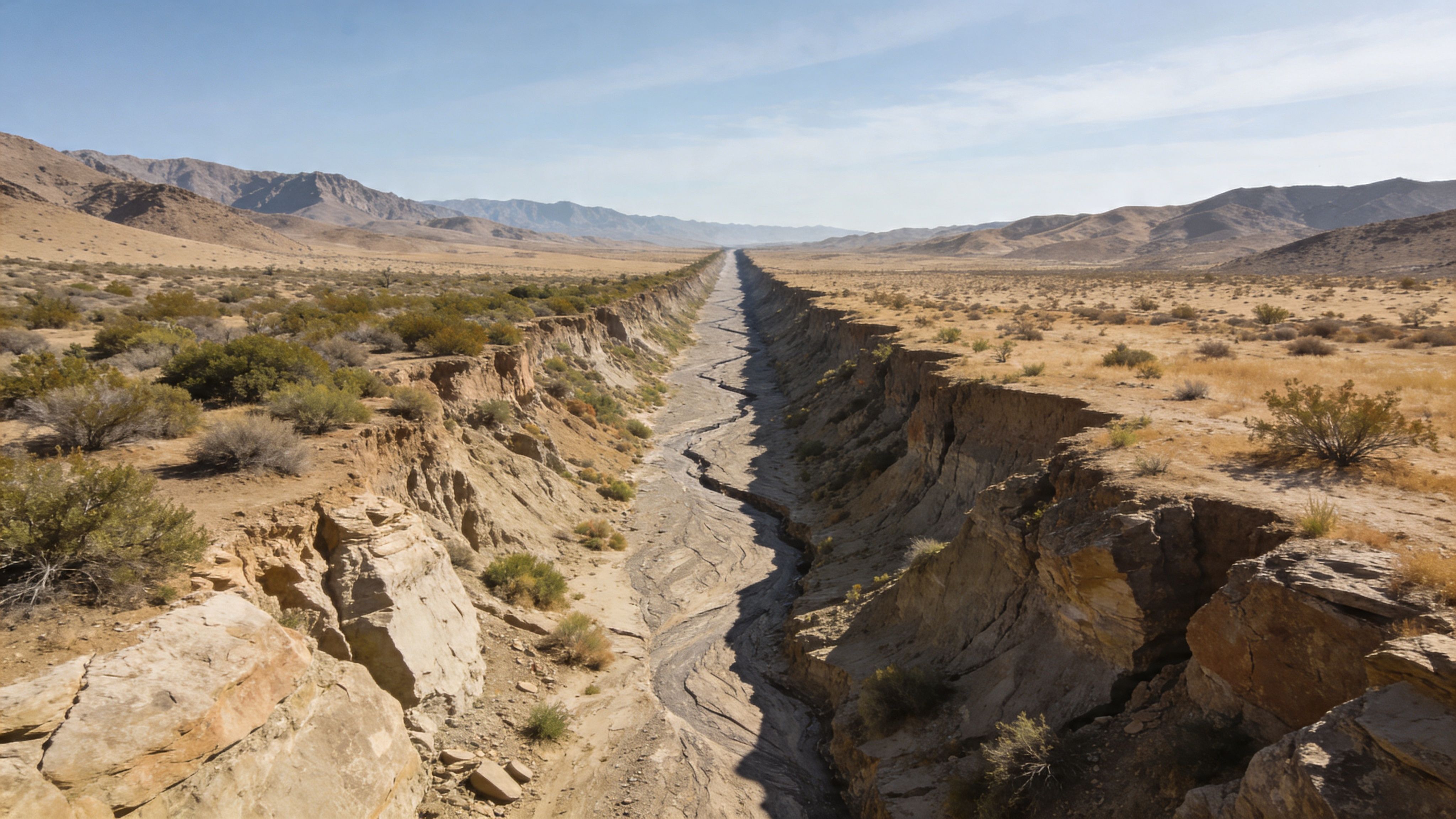 A deep, straight fissure cutting through an arid desert landscape representing a conservative plate margin boundary.