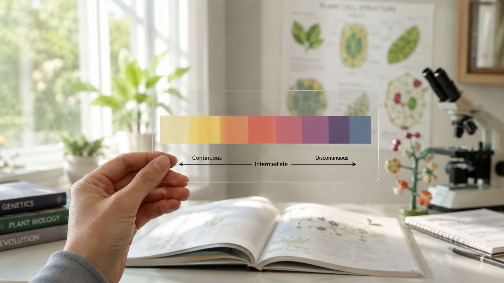 A hand holds a clear display showing a gradient scale representing continuous and discontinuous biological variations.