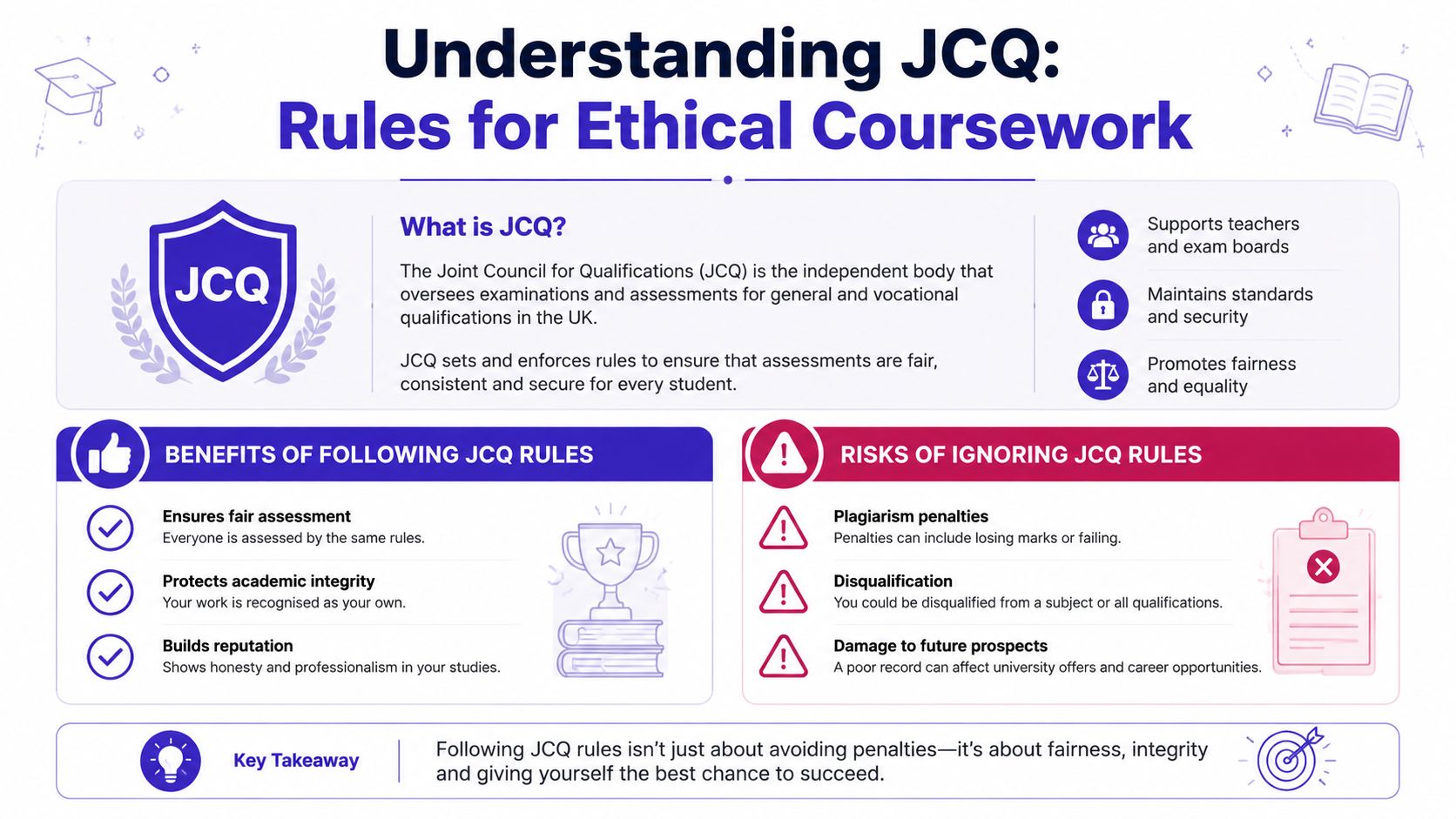 An infographic titled Understanding JCQ explaining the rules, benefits, and risks regarding ethical coursework standards.