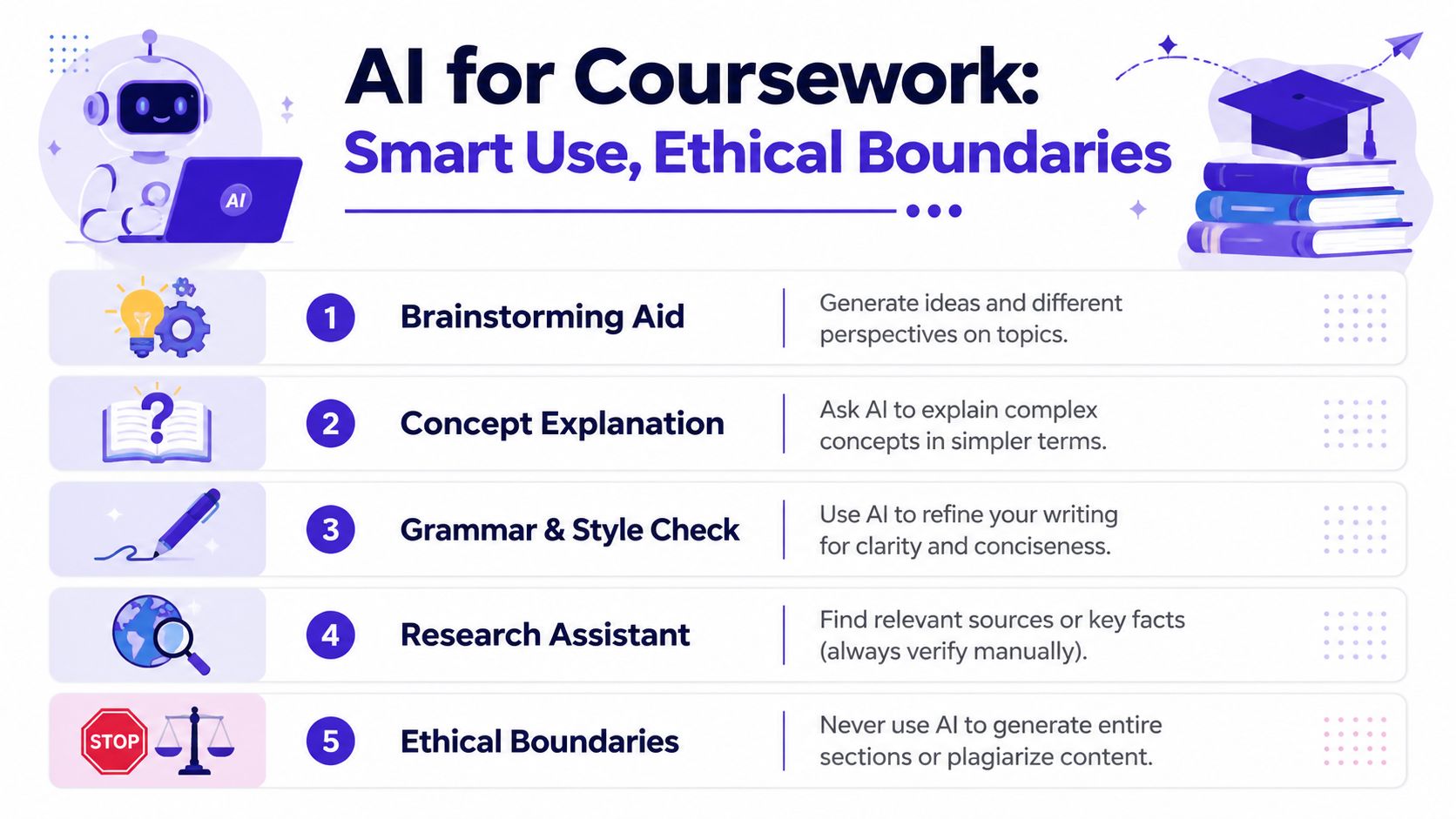 An infographic titled AI for Coursework outlining five tips for using artificial intelligence ethically in academic tasks.