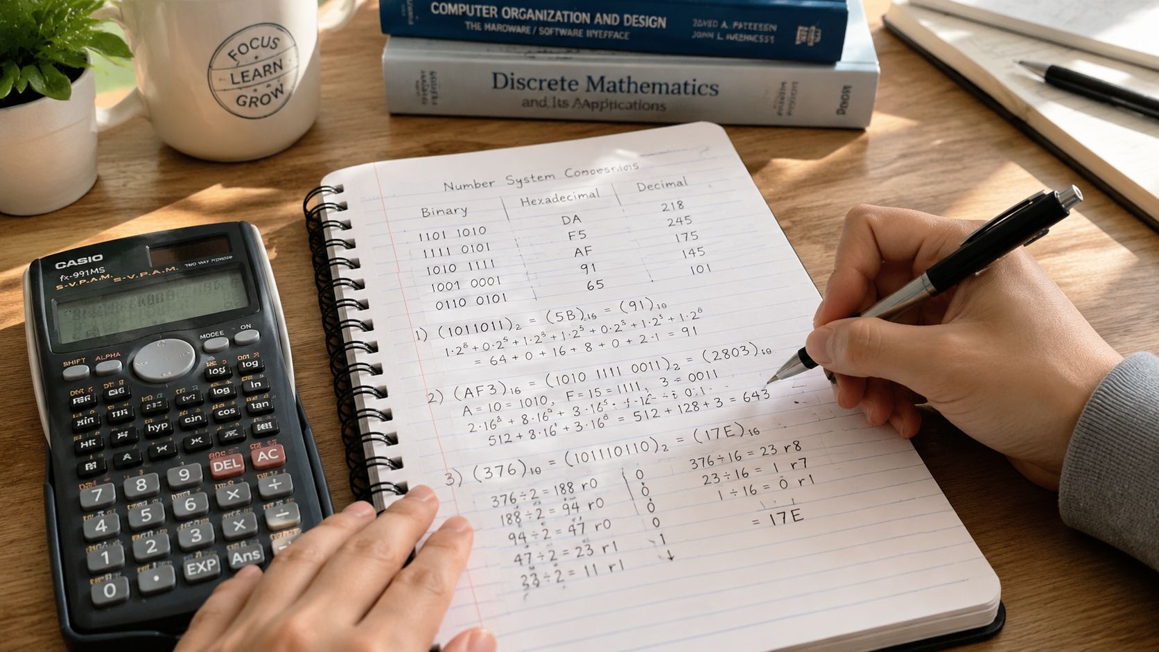 A person hand-writing number system conversion notes with binary, hexadecimal, and decimal calculations on a spiral notebook.