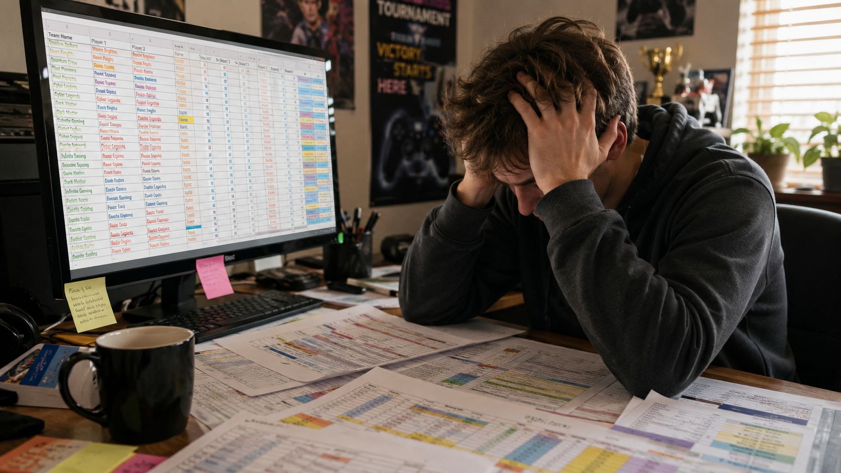 A stressed student looking at a computer screen and papers filled with complex database design charts.