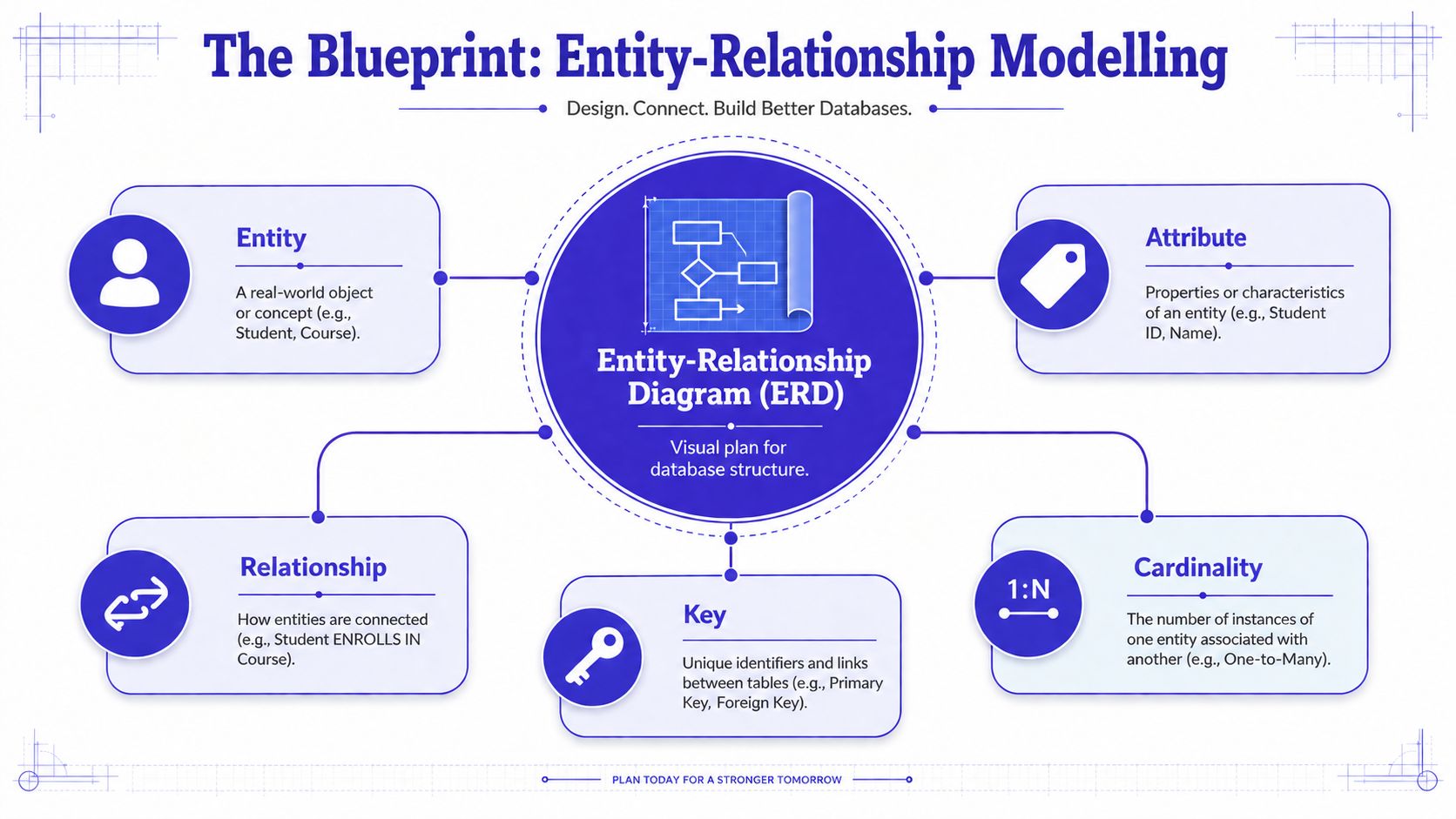 An infographic titled The Blueprint explaining core concepts of database Entity-Relationship Modelling with icons and definitions.