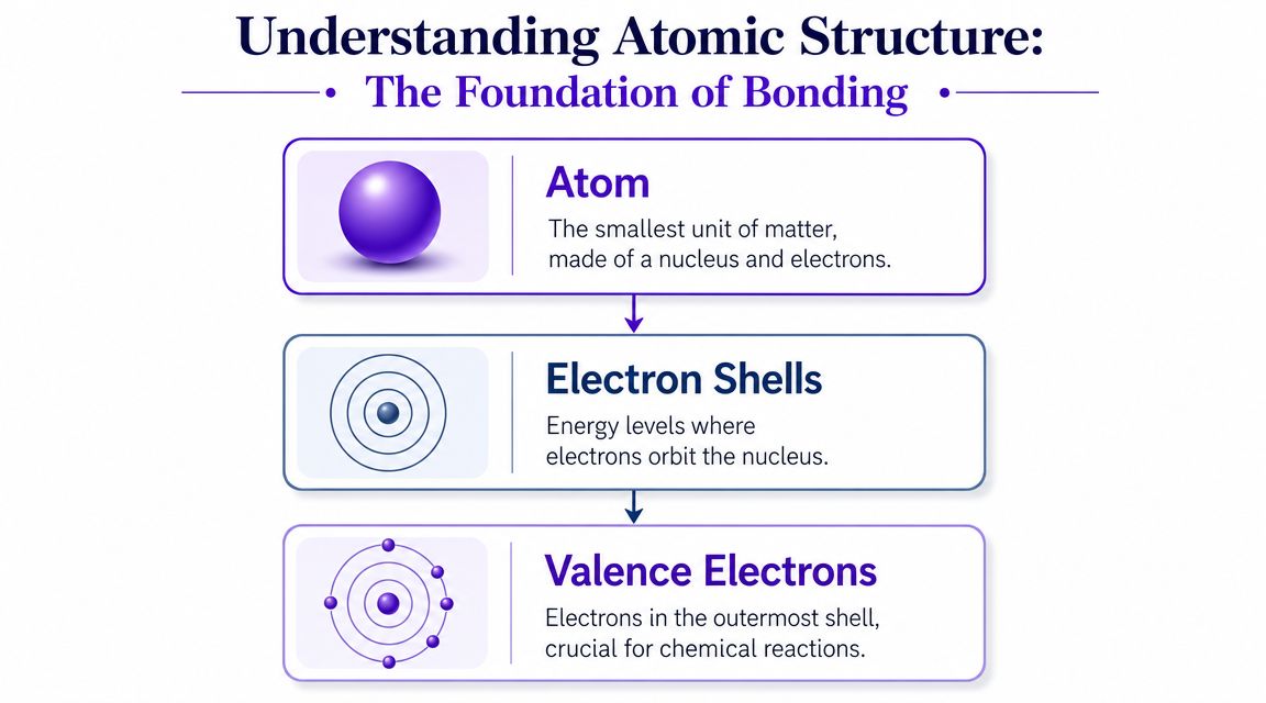 A diagram illustrating atomic structure with atoms, electron shells, and valence electrons explained with clear text.