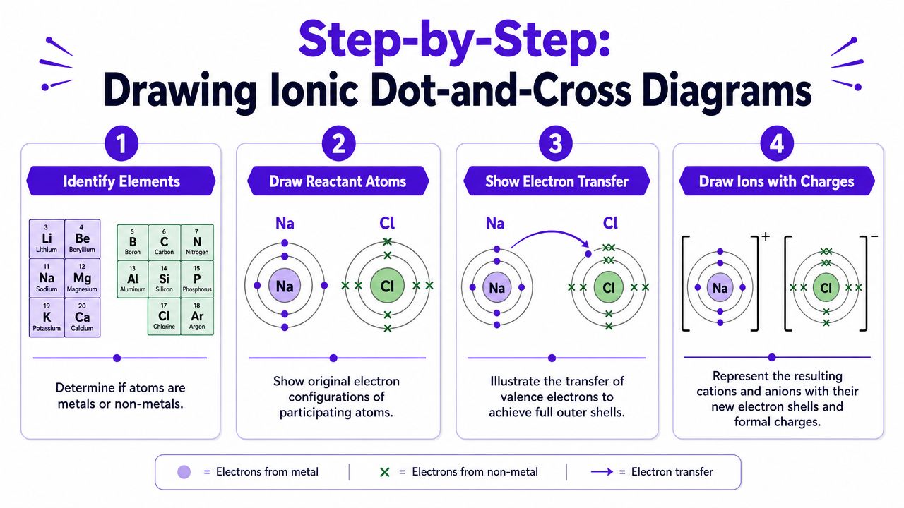 An educational infographic explaining the step-by-step process of drawing ionic dot-and-cross diagrams for chemical bonding.