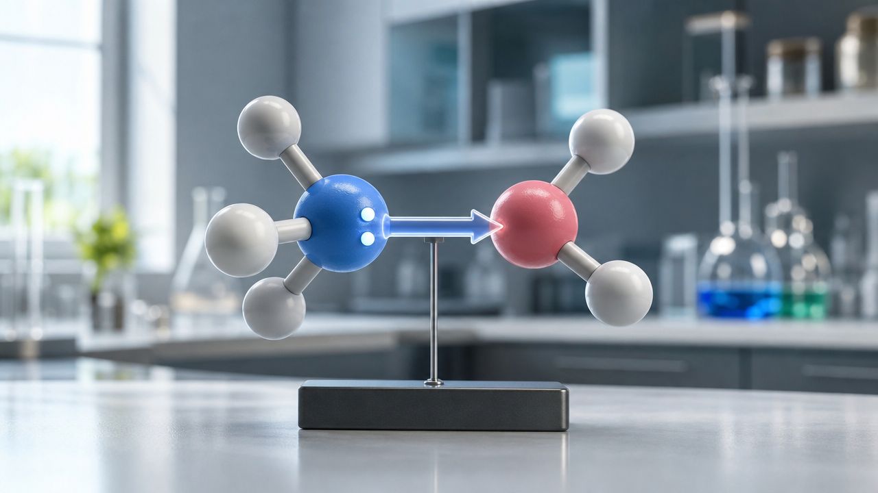 A chemical model showing a blue atom transferring electrons to a pink atom in a lab.