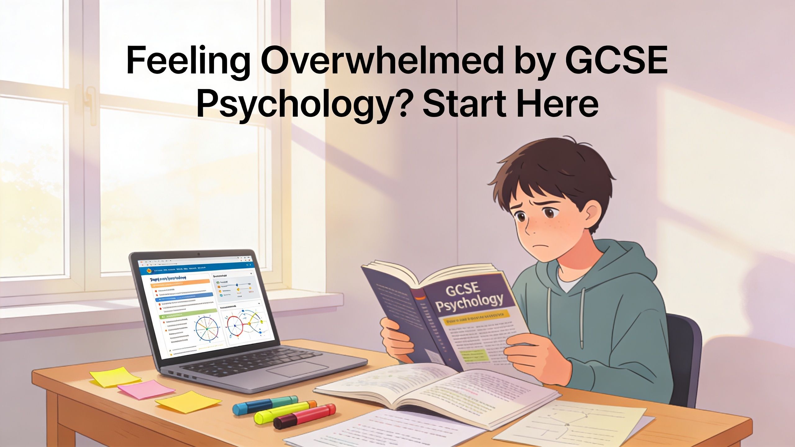 A student looking overwhelmed while studying GCSE Psychology with textbooks and a laptop on a desk.