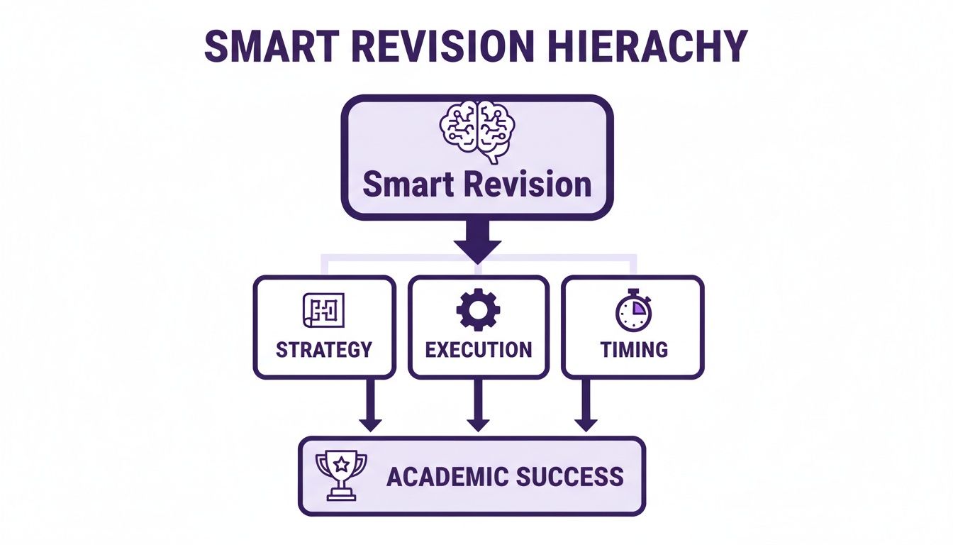 Flowchart illustrating the Smart Revision Hierarchy, detailing strategy, execution, and timing for academic success.