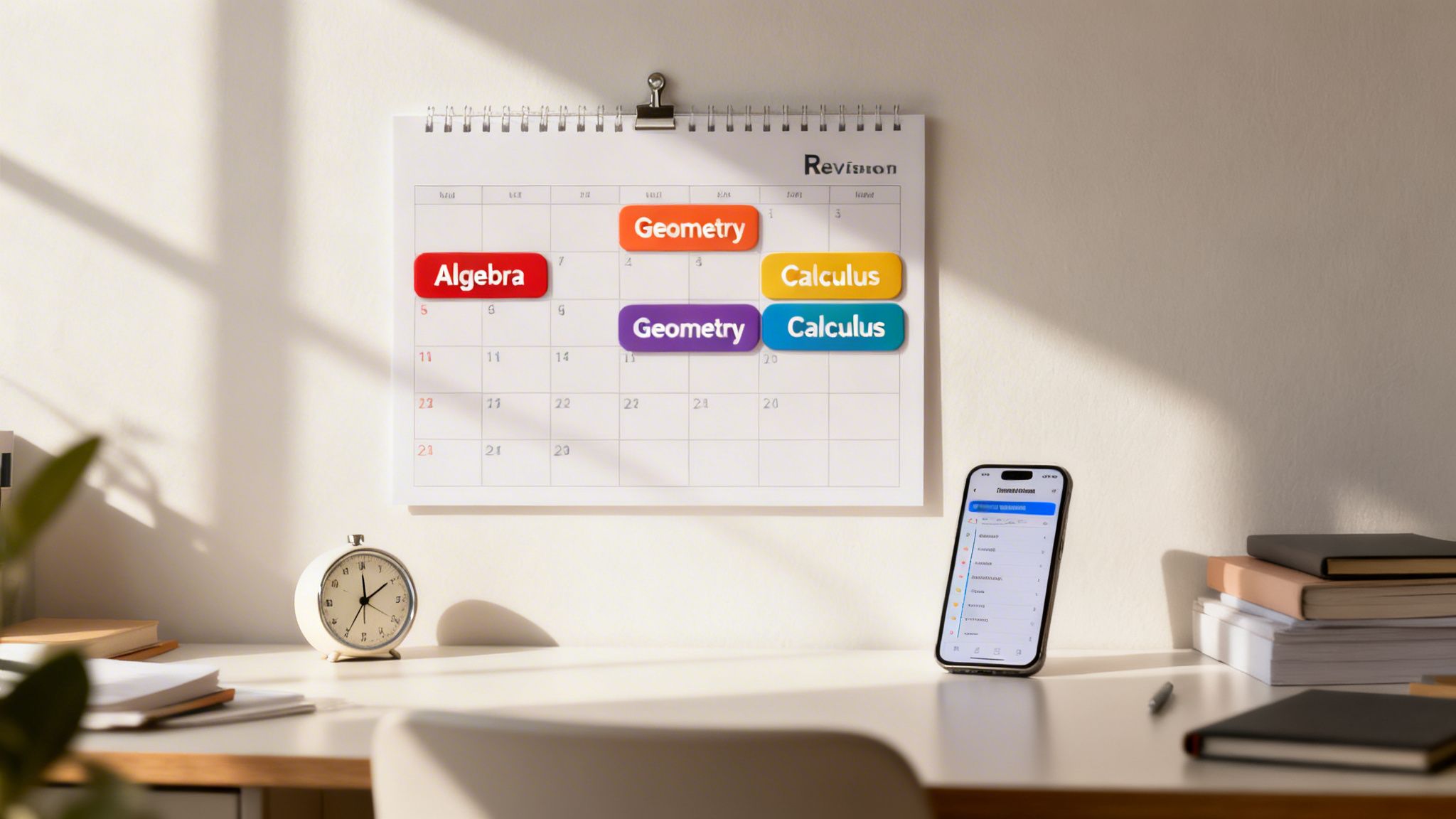 A study desk with a calendar planning Algebra, Geometry, and Calculus revision, alongside an alarm clock and phone.