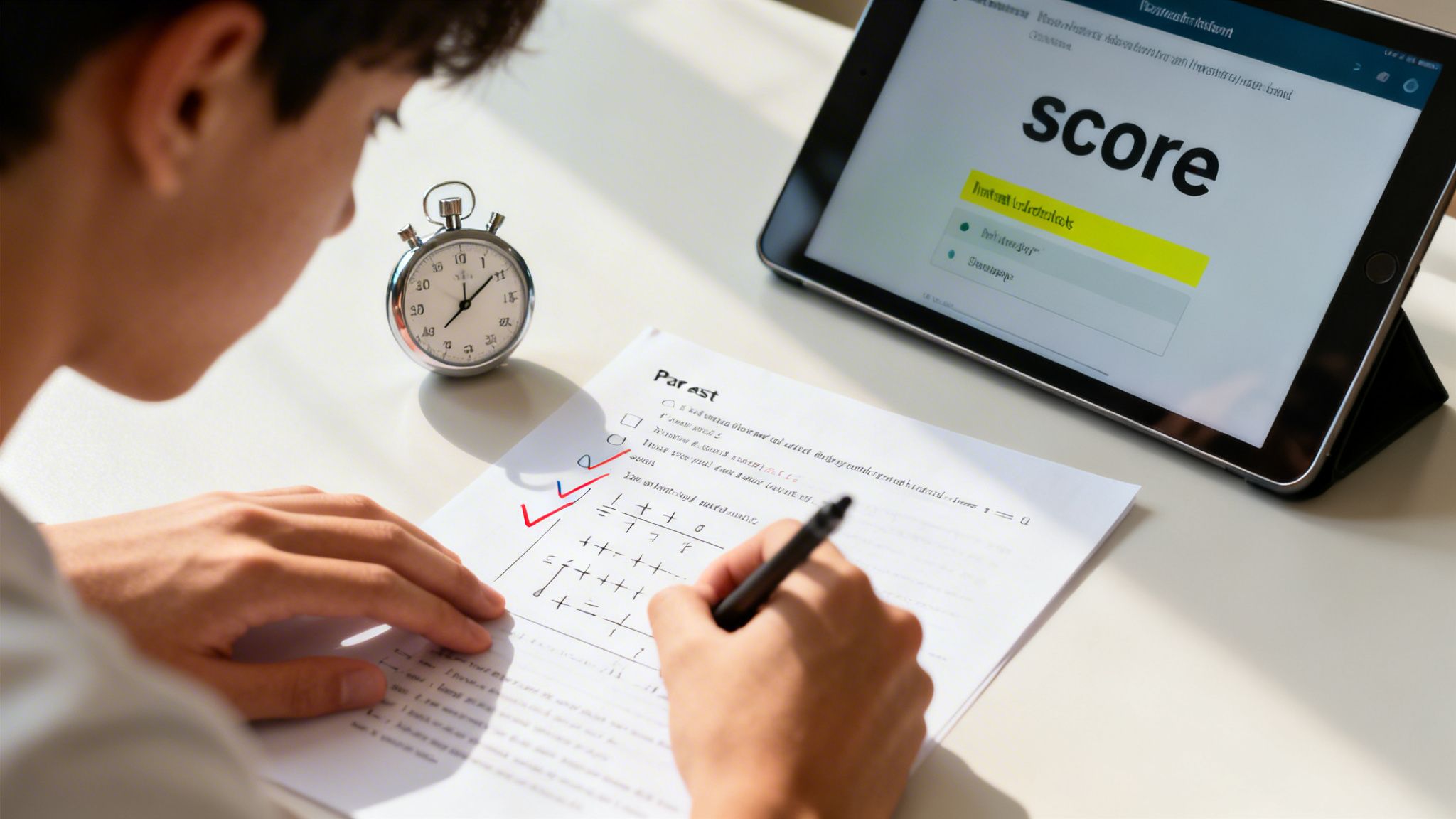 A student takes a timed math test, writing on paper while an iPad displays a score.