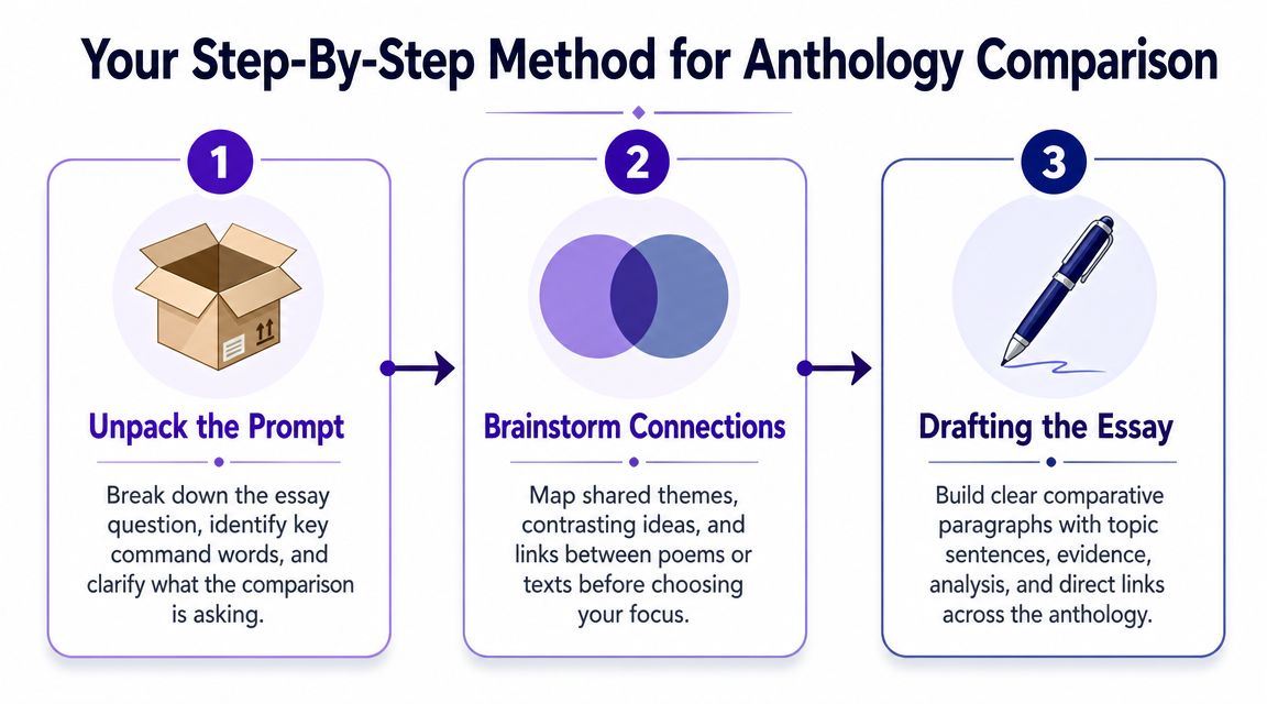 An infographic outlining a three-step guide to writing a comparative essay on literature or poetry.