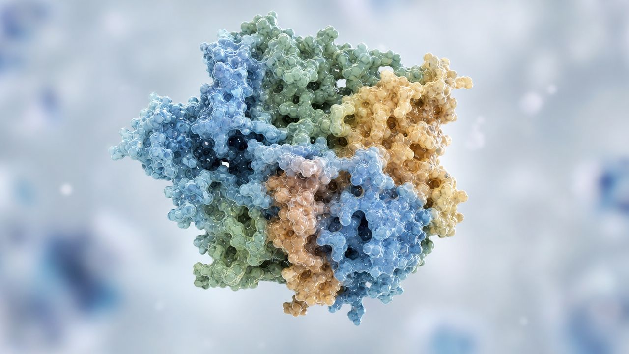 A detailed 3D molecular visualization of a complex protein structure with blue, green, and tan colored subunits.