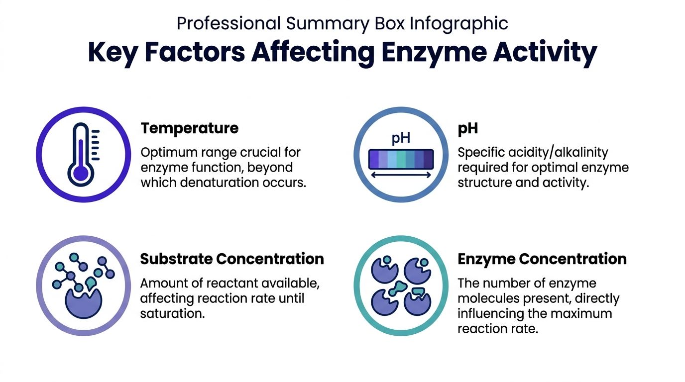 An infographic showing four key factors affecting enzyme activity including temperature, pH, substrate concentration, and enzyme concentration.
