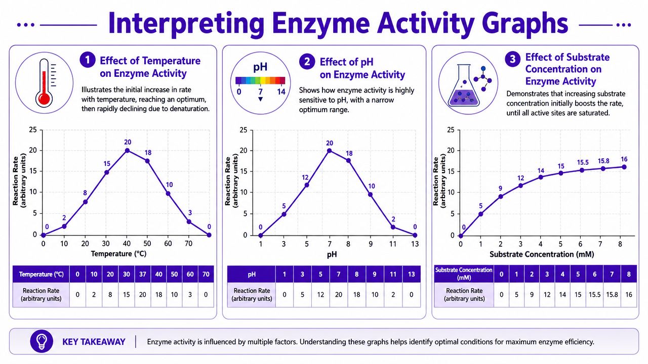 A diagram illustrating how temperature, pH, and substrate concentration affect enzyme reaction rates through graphs.