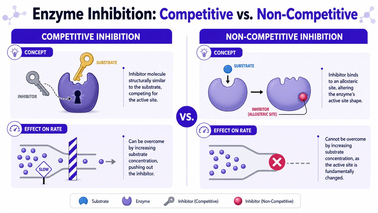 A diagram comparing competitive and non-competitive enzyme inhibition, showing how inhibitors affect enzyme active sites.