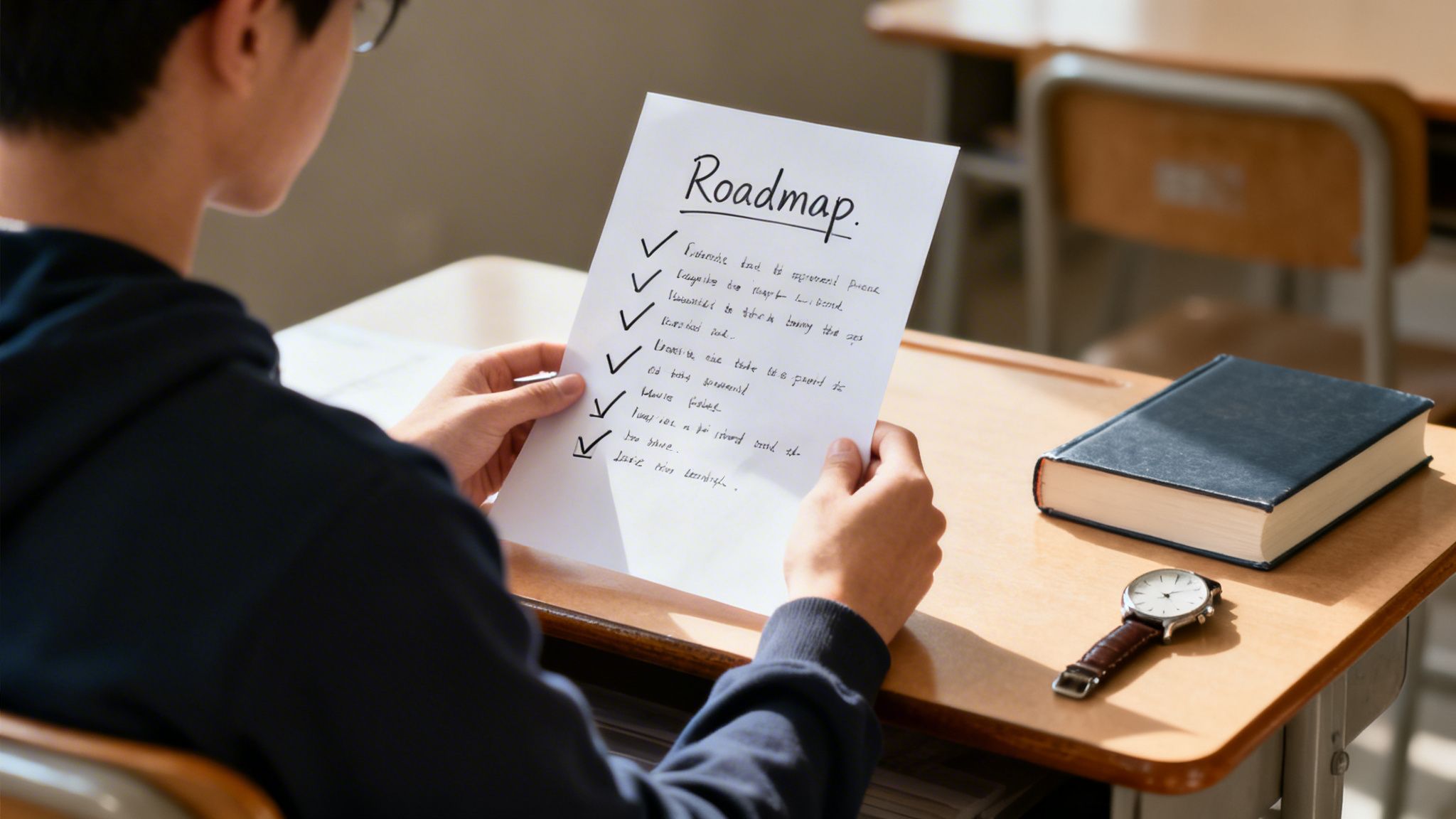 A young student in a classroom carefully reviews a handwritten 'Roadmap' checklist on a white paper.
