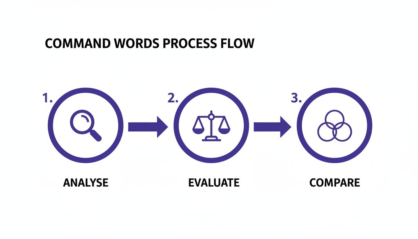 Flowchart illustrating a three-step command words process: Analyse, Evaluate, and Compare with icons.