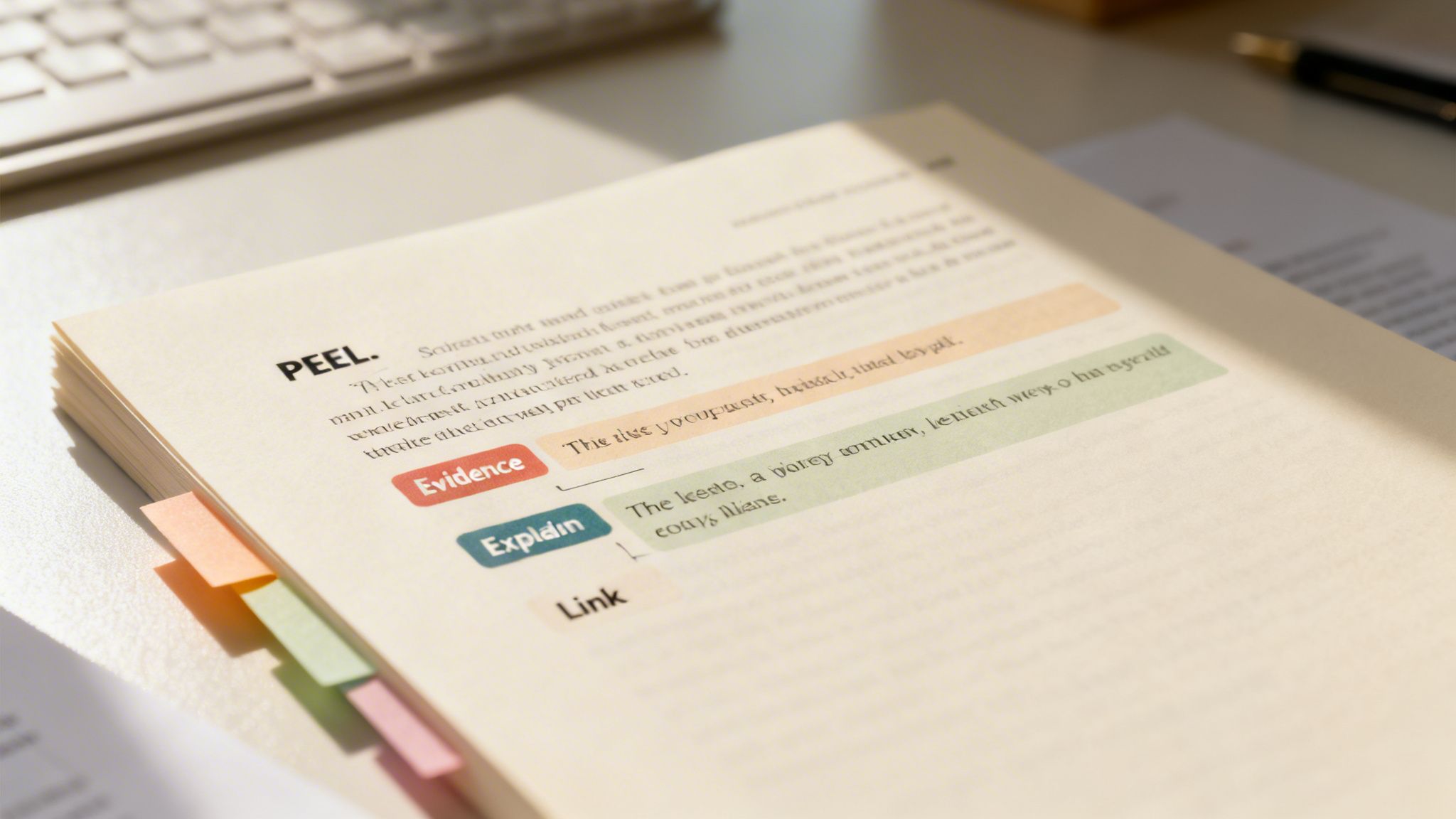 An open educational book displaying the PEEL essay structure, highlighted with colorful tabs, on a desk.