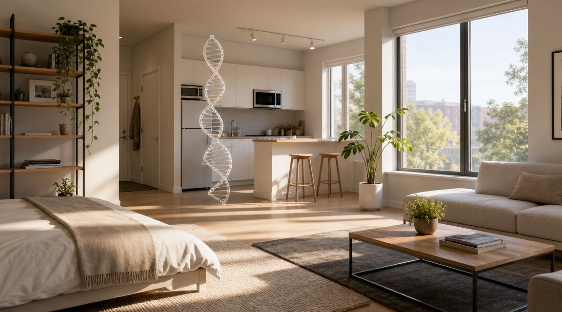 A modern apartment interior featuring a glowing, translucent DNA helix structure floating in the middle of the room.