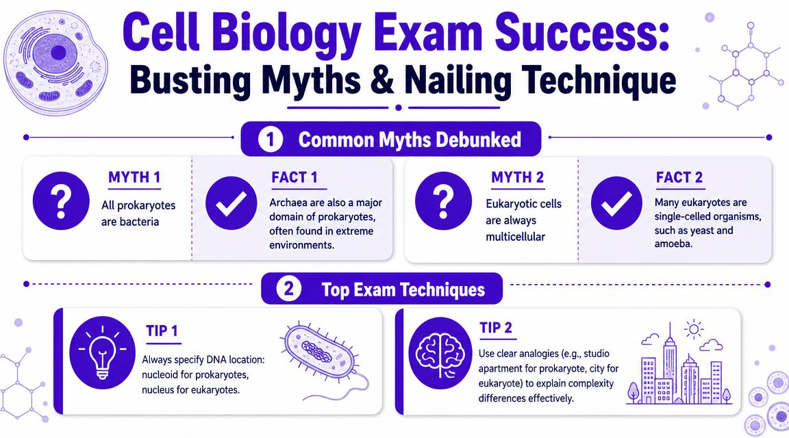 An educational infographic titled Cell Biology Exam Success outlining common myths and study techniques for cell biology.