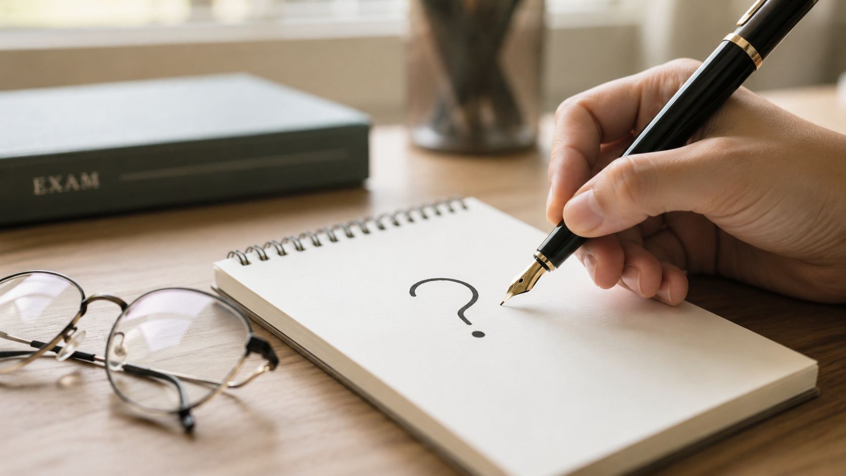 A close-up view of a hand writing a question mark in a notebook on a desk.